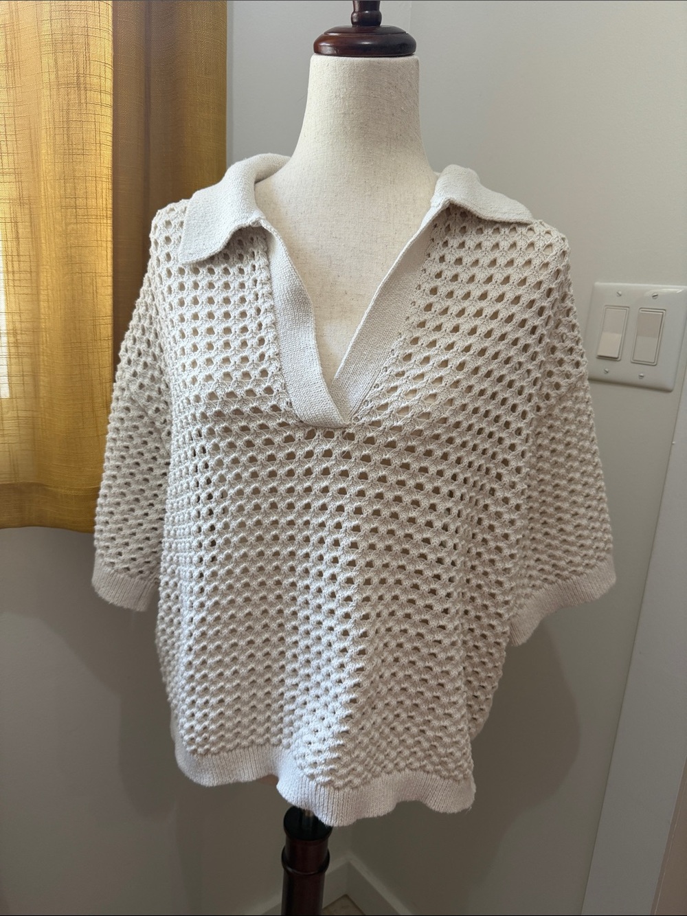 H&M Cream Open-Knit V-Neck Polo Sweater